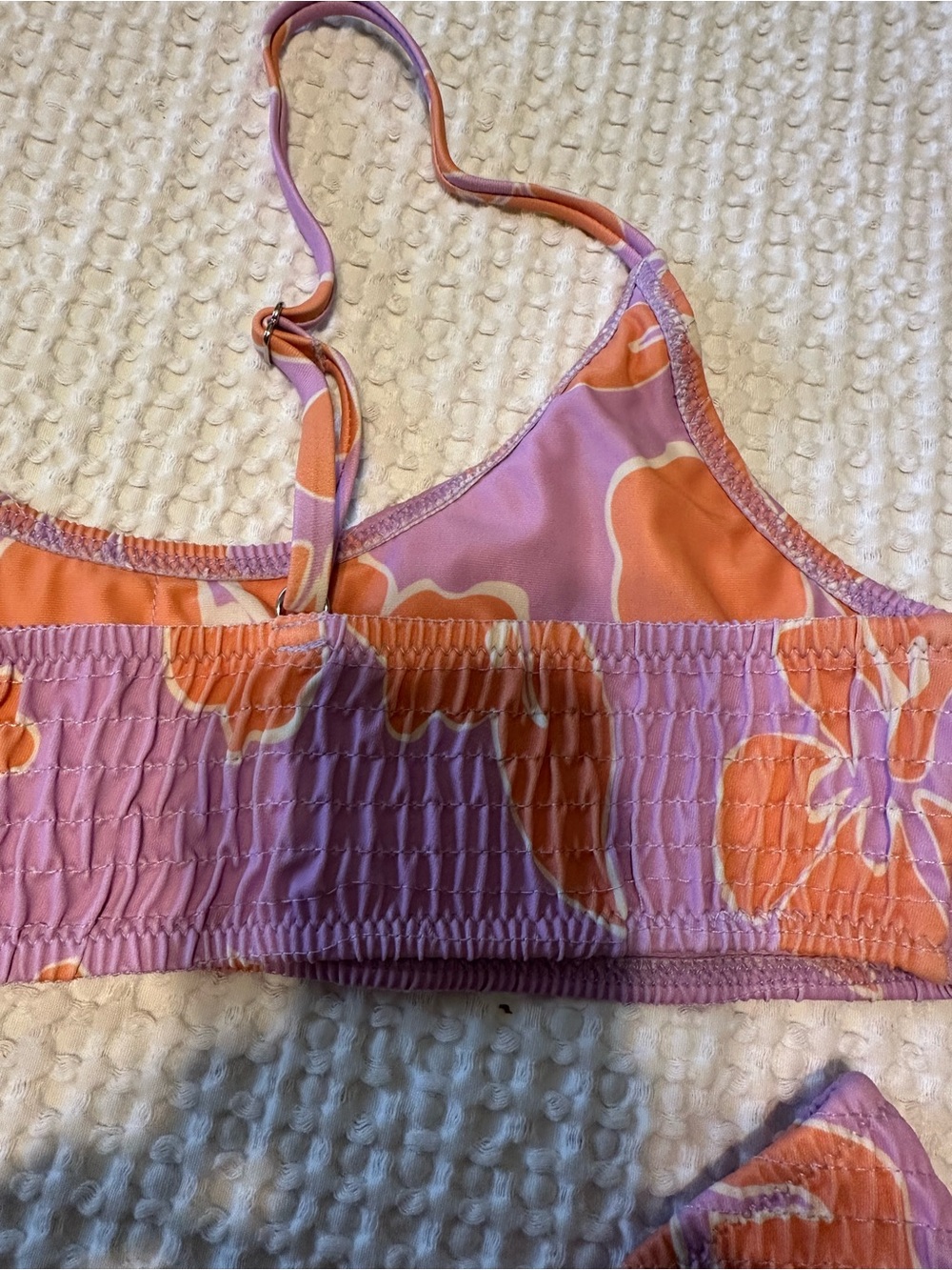 Floral Textured Bikini Set in Lavender & Coral smocked with extra stretch. - Picture 3 of 4